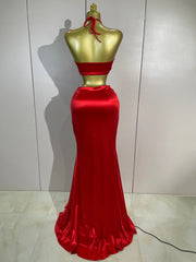 Danita two-piece outfit featuring a halter crop top and matching long maxi skirt for an elegant party look