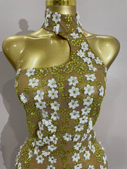 cLARICE sparkly rhinestones white flower see-through mini dress for women, sexy birthday party outfit, photoshoot gown, stage performance costume 2025