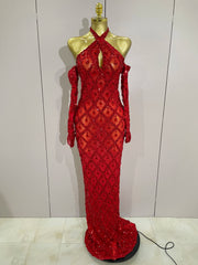 Avery sparkly rhinestones halter mesh long prom dress with gloves for women.