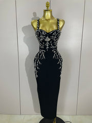 Tahlia sexy backless red beading long bodycon bandage dress with bead embellishments and slim-fit silhouette.