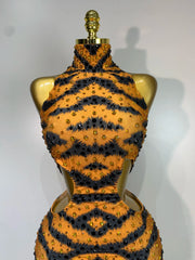 Sparkly rhinestone tiger pattern tight fitting jumpsuit for women, luxury party and stage outfit.