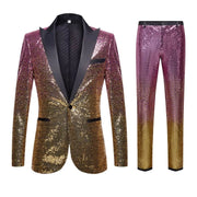 Men’s glitter ombre sequin blazer and pants set displayed for party or stage wear