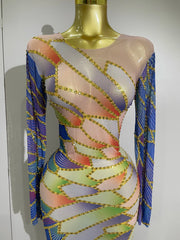 Jamie luxury sparkly rhinestone sheer mesh long dress with stretchy bodycon fit for evening party and stage wear