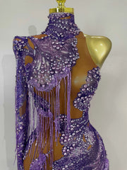 Dayla Sparkle Diamond Purple Tassel One-Shoulder Mesh Jumpsuit