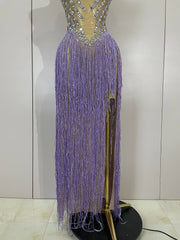 Cleo sheer mesh long dress with rhinestones, glitter, and tassel details for women’s evening, club, or stage wear.