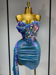 Mannequin Wearing a Sparkly Sequins Two Piece Set Birthday Outfit with Glittering Crop Top and Matching Mini Skirt, Styled for Luxe Celebrations