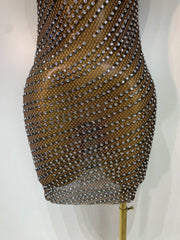 Shine in the Daisy sparkly rhinestone sheer bodycon mini dress. Luxury party dress for birthdays, cocktail parties, and special occasions.