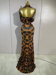 Lisa leopard print V-neck maxi dress featuring sparkling rhinestone embellishments for a glamorous evening look