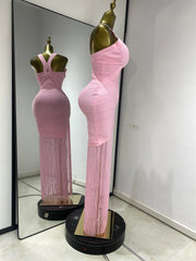 Raelynn Baby Pink Fringed Bandage Bodycon Dress V-Neck