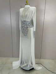 Dana white diamond mesh abaya maxi dress for women. Elegant luxury gown for weddings, birthdays, and evening parties.