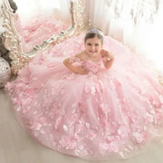 Pink Tulle Flower Girl Dress with Tailing Flowers