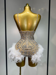 Blair Starlight feather bodysuit with glamorous feathers and shimmering details.