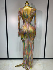 sparkly rhinestone mesh see-through jumpsuit, designed for stage, nightclub, performance, and party outfits.