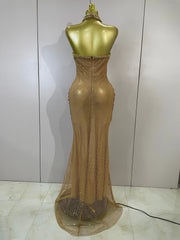 Eva sexy halter sparkly diamond golden mesh sequin maxi dress for evening gala styling