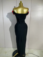 Astrid red off-shoulder bandage maxi dress featuring dimensional 3D floral embellishments and a fitted bodycon silhouette