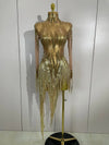Nina sexy sparkly rhinestone golden sequins tassel mesh dress for women party evening