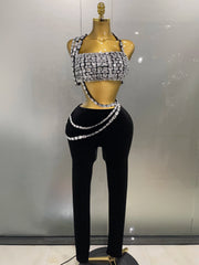sparkle diamond crop top with matching velour pants set, perfect for birthdays, nightclub parties, and stage performances.