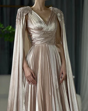 2025 Nude Beaded Satin A-Line Evening Dress with Cape