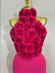 Kairi halter backless bodycon dress with 3D flower appliqués for women’s birthday, cocktail, or stage wear.