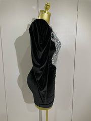 Taye black velvet short dress with sparkling crystals and mesh overlay for women’s evening, prom, or birthday parties.