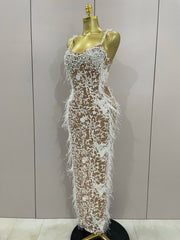 sparkly beaded feather pearl halter bodycon long dress, perfect for prom, red carpet, evening parties, and birthdays.