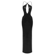 Soraya Black sequin luxury gown with structured bodice and flowing silhouette, styled for formal parties and glamorous occasions.