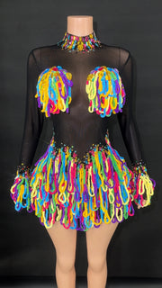 Color diamond sheer mesh mini dress with bright rhinestones for stage or clubwear.