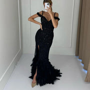 Black Luxury Beaded Feathers Mermaid Evening Dress 2025 Off Shoulder Sexy Slit