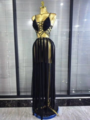 Chantelle golden sequin mesh see-through V-neck maxi dress for evening and formal party styling
