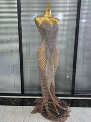 Meisha silver rhinestone strapless mesh mermaid gown for women. Elegant floor-length dress for parties, birthdays, and events.