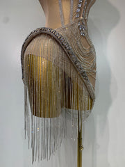 Simone sparkly rhinestones fringe mesh mini dress, women’s see-through birthday party and nightclub evening outfit.
