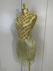 Aaliyah gold diamond mesh see-through tassel bodycon mini dress for night-out glam styling