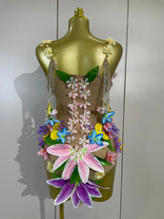 Yara sheer mesh bodysuit with sparkling diamond chain and floral embellishments