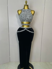 sparkly rhinestone velvet two-piece set with crop top and skirt, perfect for birthdays, nightclub, stage, and elegant parties.