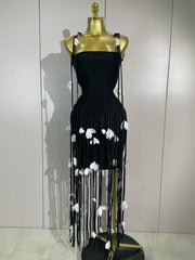 strapless long bandage dress with tassel details for women’s party, birthday, and evening wear.