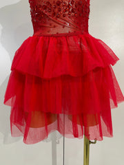 Turn heads in the Laura red rhinestone strapless mesh mini dress. Sexy bodycon party dress for birthdays, clubs, cocktail parties, and events.