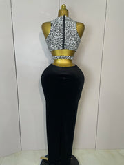 sparkly rhinestone velvet two-piece set with crop top and skirt, perfect for birthdays, nightclub, stage, and elegant parties.