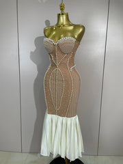 Shane strapless diamond and pearl bodycon mermaid dress for prom, evening parties, or red carpet events.