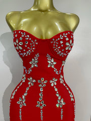 Strapless sparkly diamond long bodycon bandage dress for women, luxury evening and birthday wear.