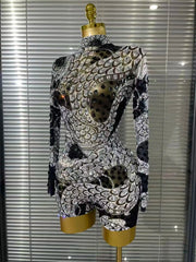 Shine in the Baela crystal mesh bodycon playsuit. Long sleeve party outfit for birthdays, stage performances, nightlife, and special occasions.