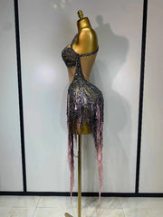 Sparkly Rhinestone Tassel Mesh See Through Dress Pole Dancer Singer Outfit Women Evening Party Club Stage Performance Outfit