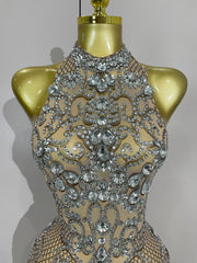sparkly crystal diamond see-through stretch mesh dress, perfect for nightclub, stage performance, evening, and birthday parties.