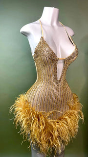 Halter Sparkly Beaded Crystals Birthday Dress with Golden Feathers
