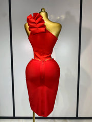 Keira one-shoulder ruffled two-piece bandage set with crop top and bodycon skirt for women.