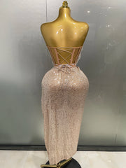 Mannequin Wearing a Sparkly Rhinestone Sequins Two Pieces Birthday Dress with Crystal Embellishments and a Bodycon Fit, Styled for Luxe Celebrations