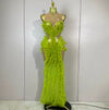 Lena sparkly green rhinestone sheer mesh maxi dress with ruffle details for evening parties and stage events.