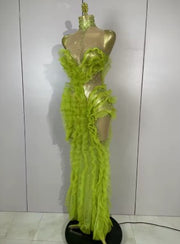 Lena sparkly green rhinestone sheer mesh maxi dress with ruffle details for evening parties and stage events.