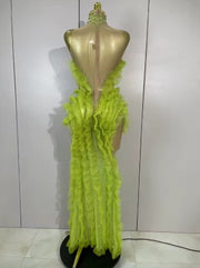Lena sparkly green rhinestone sheer mesh maxi dress with ruffle details for evening parties and stage events.