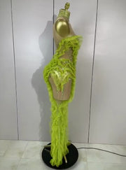 Lena sparkly green rhinestone sheer mesh maxi dress with ruffle details for evening parties and stage events.