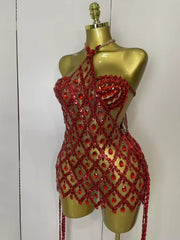 Kyra sparkly sequin diamond mesh two-piece dress set with transparent top for women’s evening, birthday, or party wear.